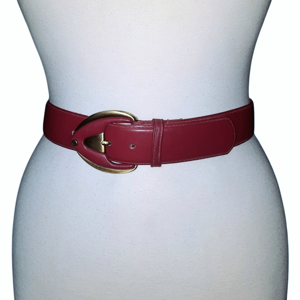 Etienne Aigner Red Leather Belt with Gold-Tone Curved Buckle
